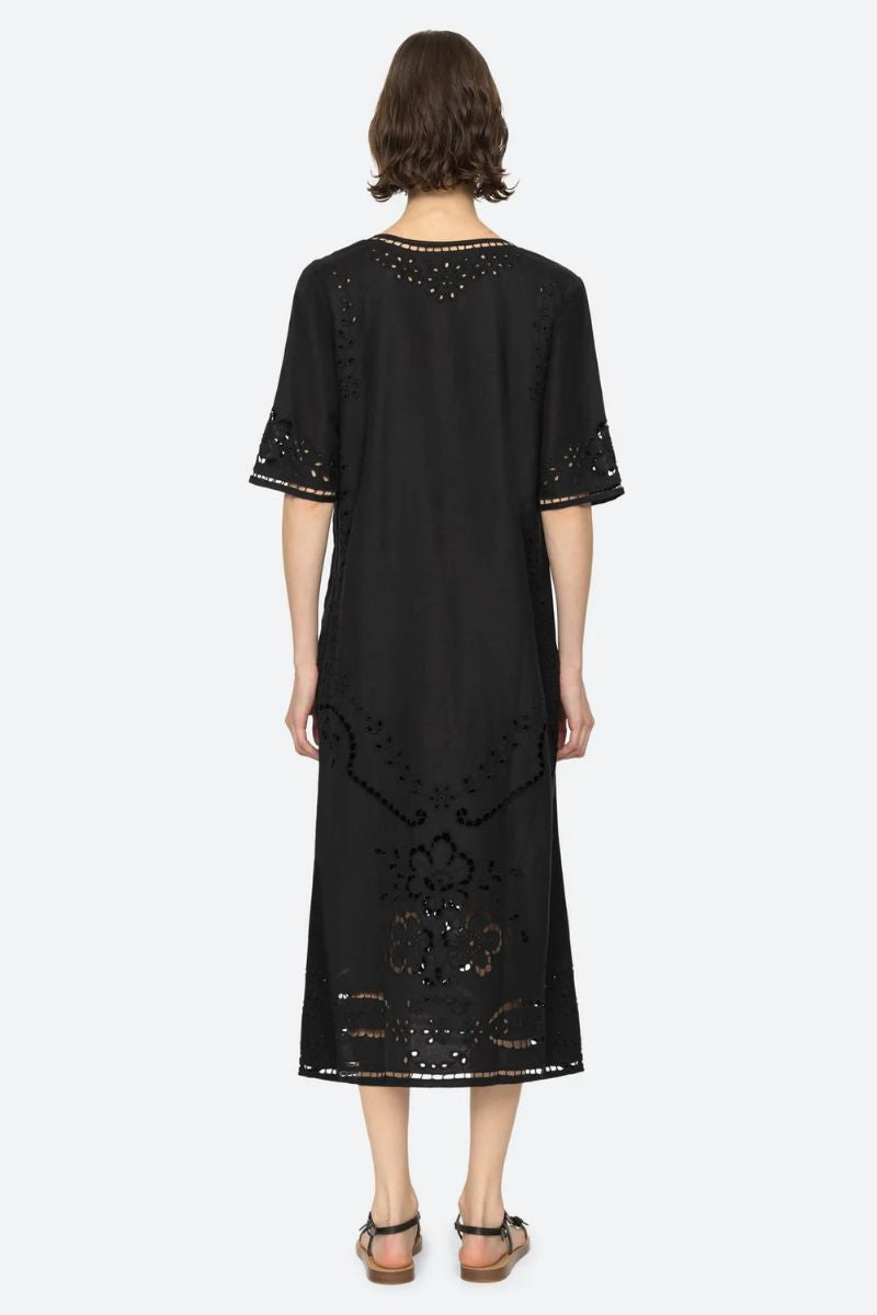 Lula Embroidery Midi Dress - Black