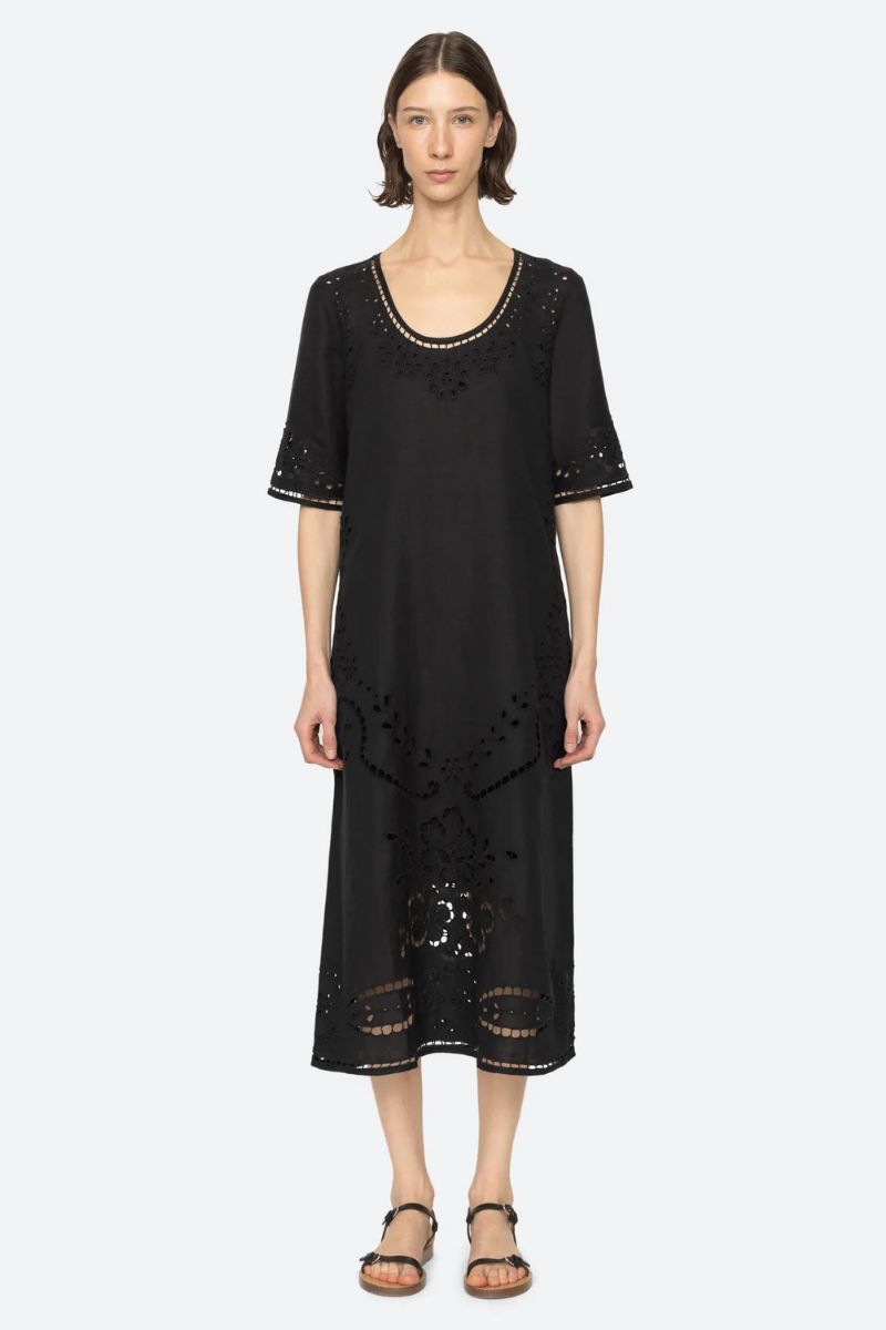 Lula Embroidery Midi Dress - Black
