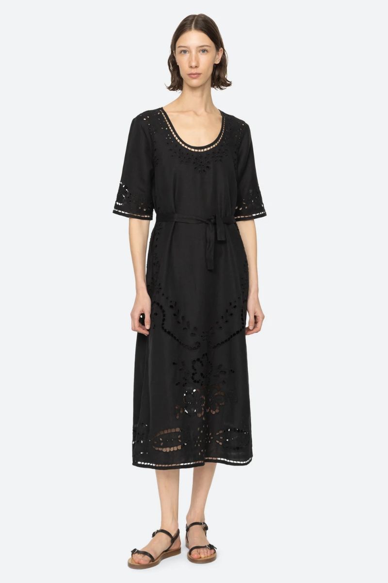 Lula Embroidery Midi Dress - Black