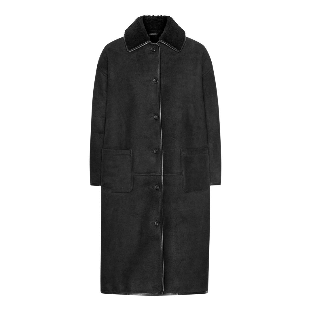 Suede Back Curly Hair Roo Frakke - Black