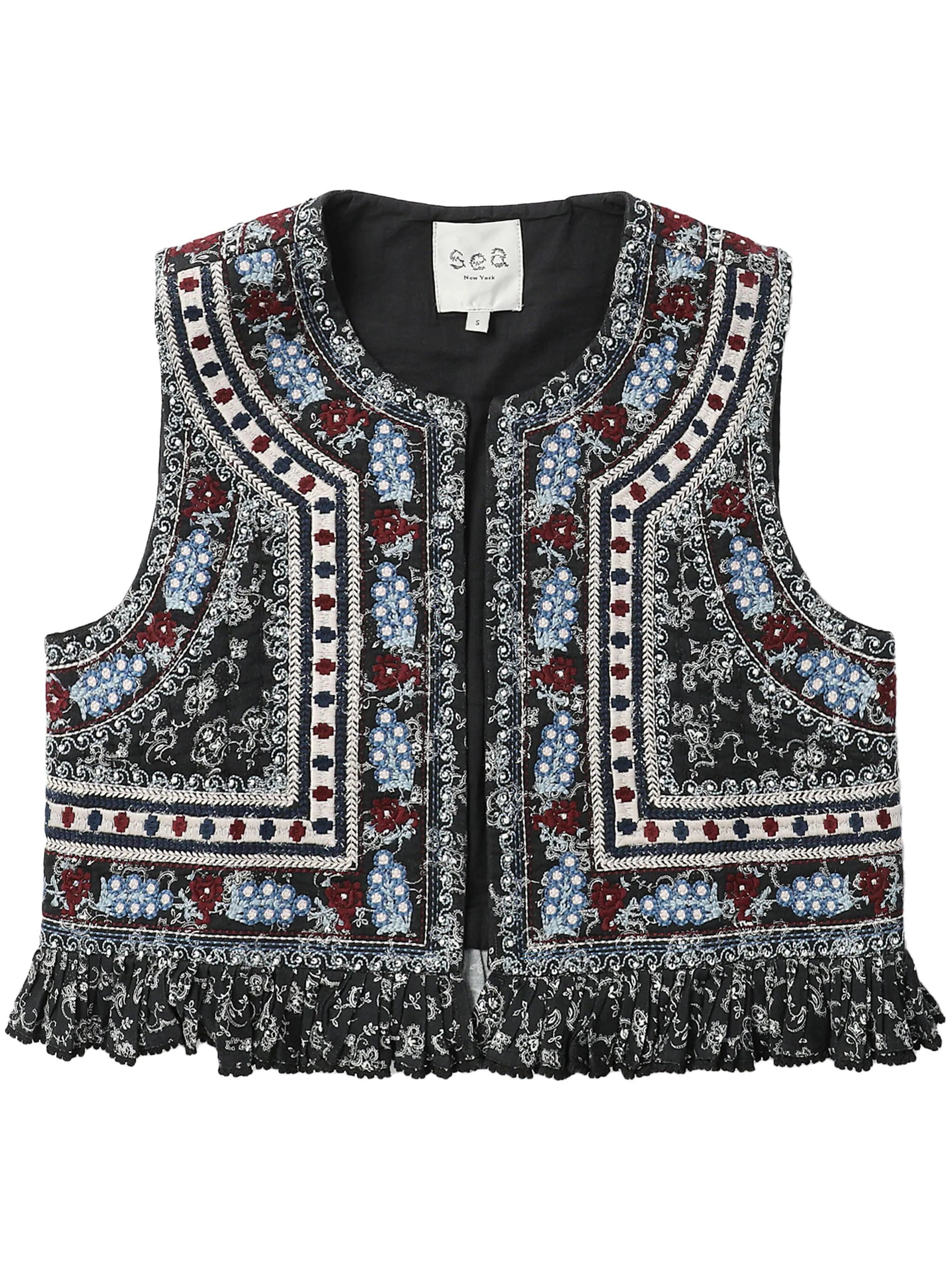 Everly Embroidery Quilted Vest - Black