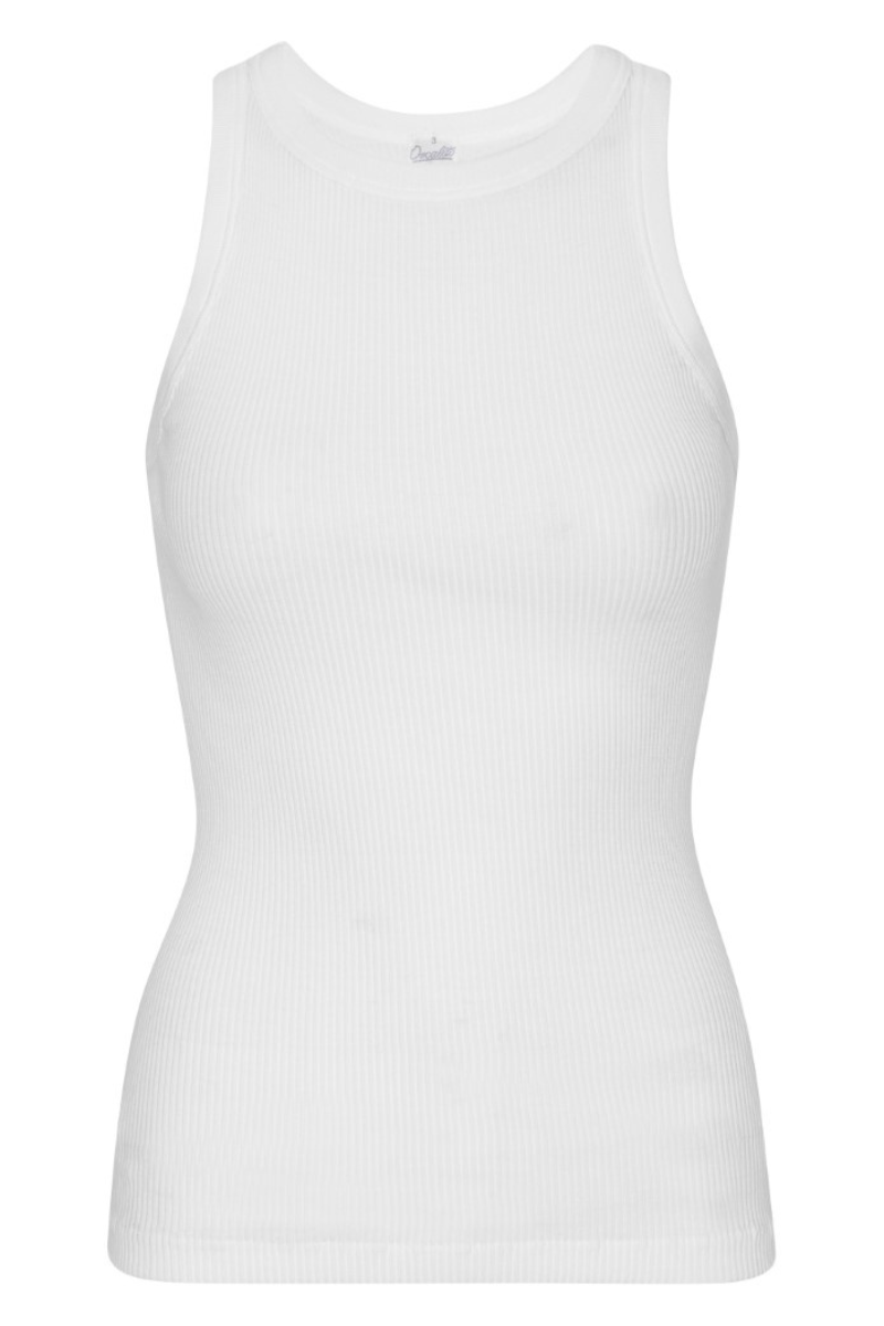 Americana Cotton Rib Tank Top - High Neckline - White