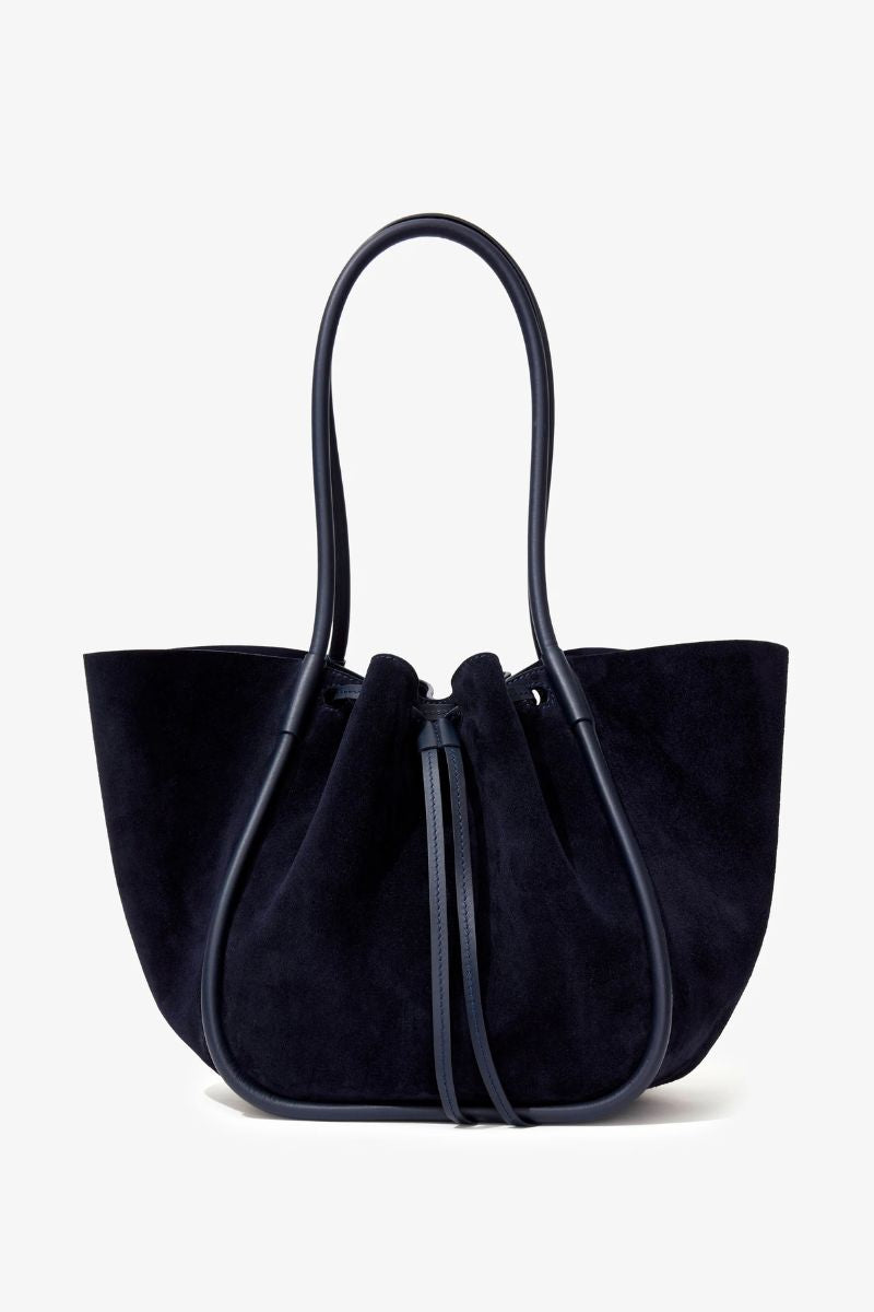 Large Ruched Tote in Soft Suede - Deep Navy