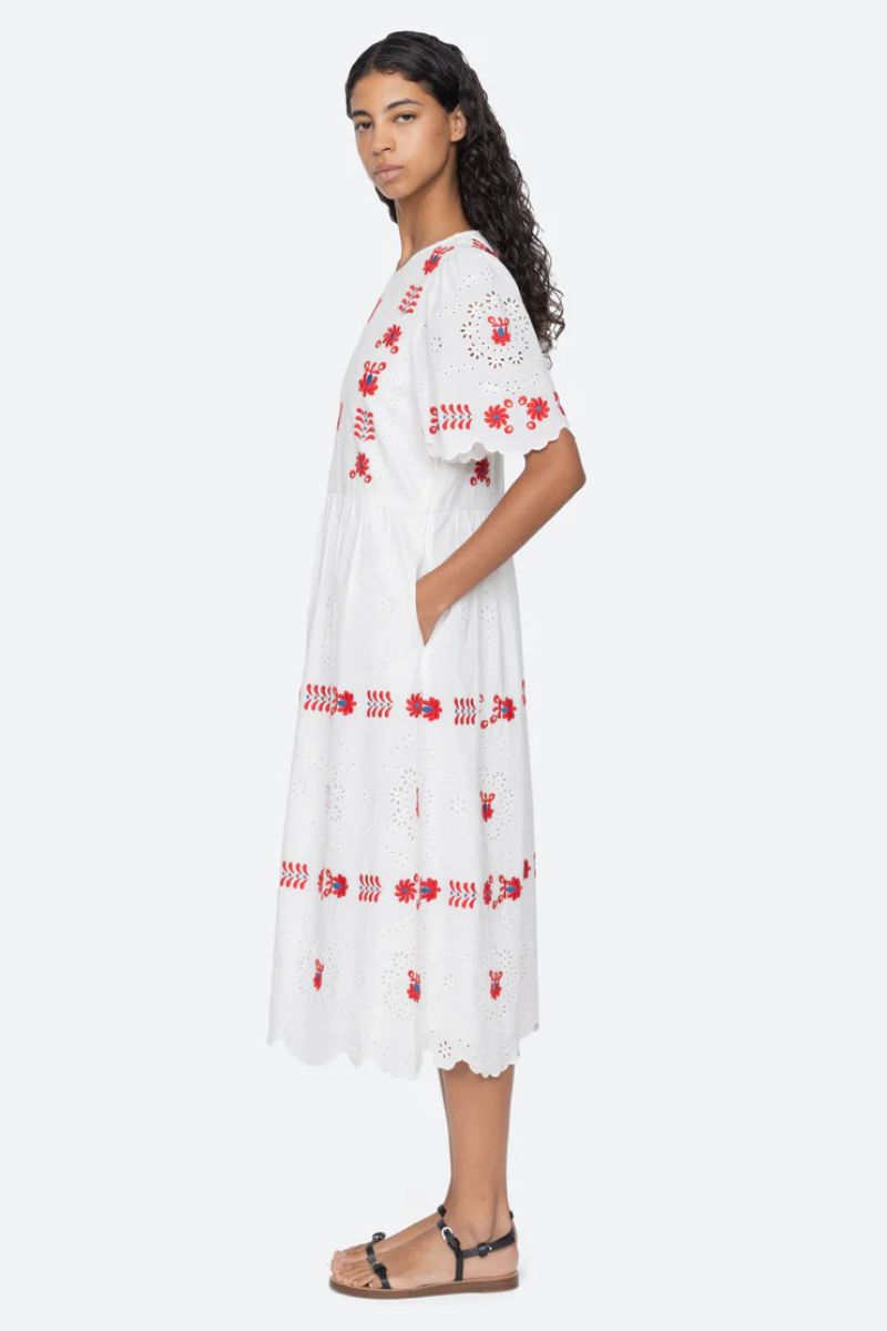 Catharina Embroidery Midi Dress - Cream