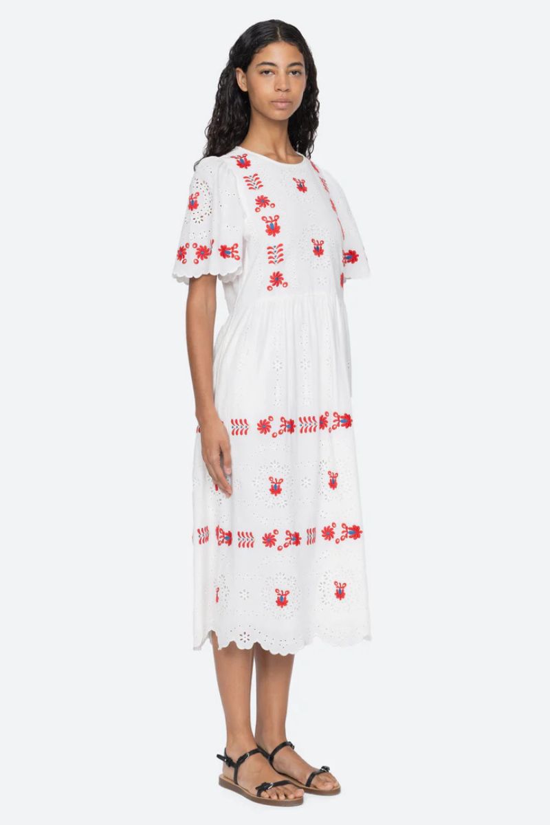 Catharina Embroidery Midi Dress - Cream