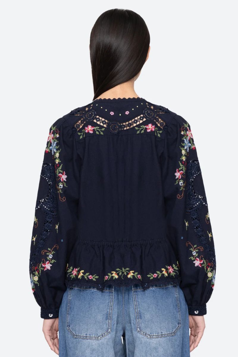 Embroidery Tie Front Top - Navy