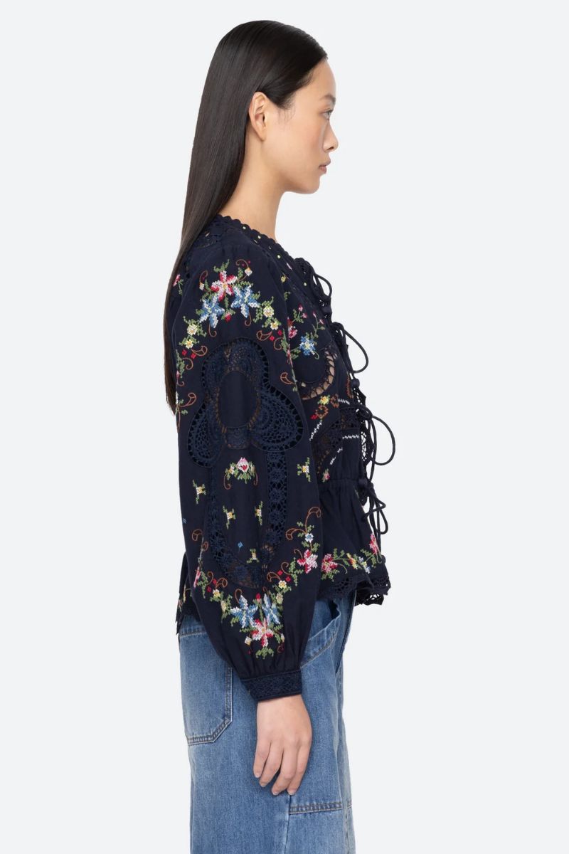 Embroidery Tie Front Top - Navy