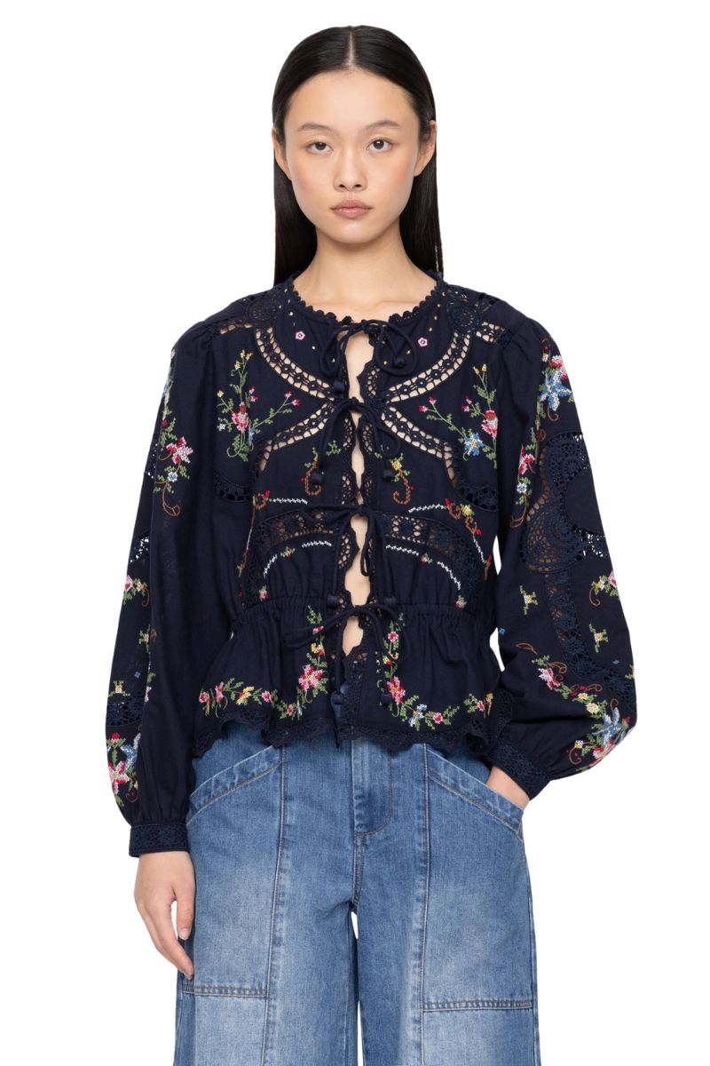 Embroidery Tie Front Top - Navy