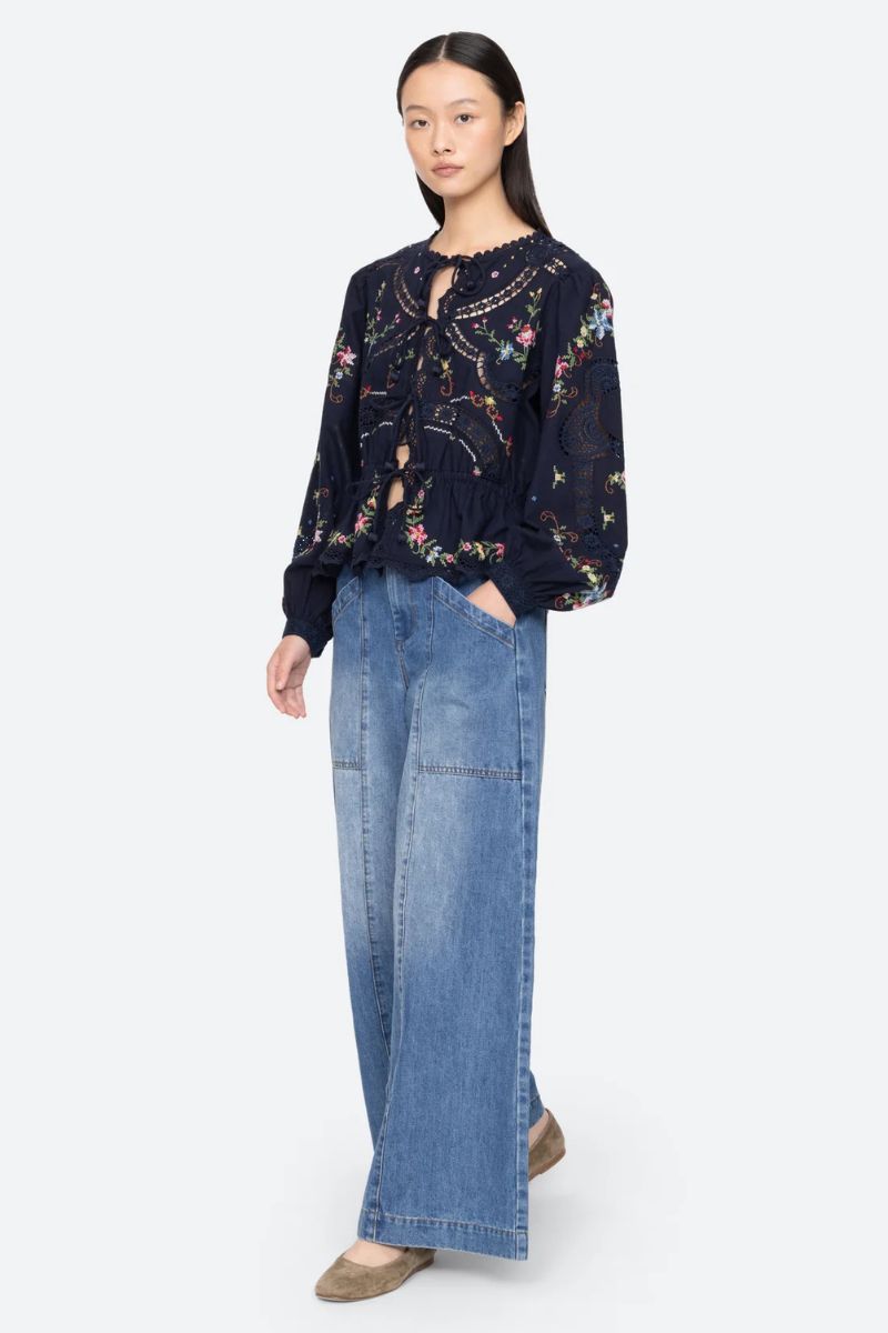 Embroidery Tie Front Top - Navy