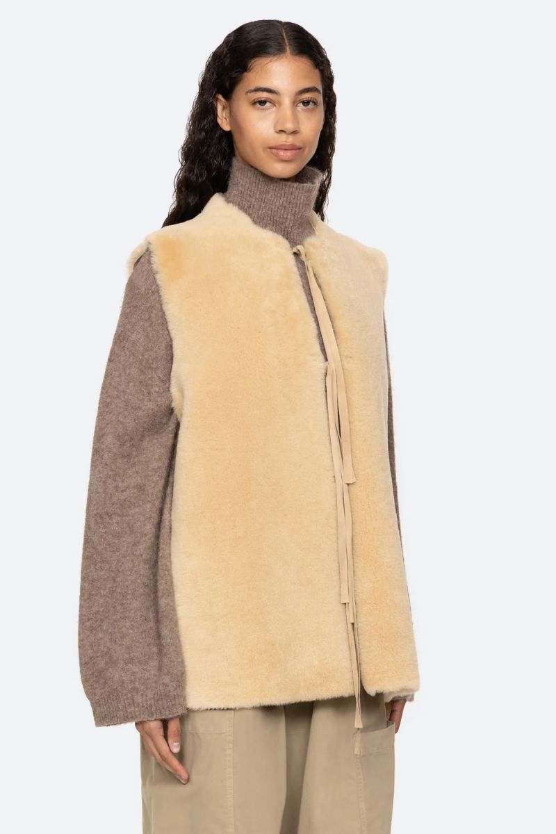 Elliot Shearling Tie-Front Vest - Cream