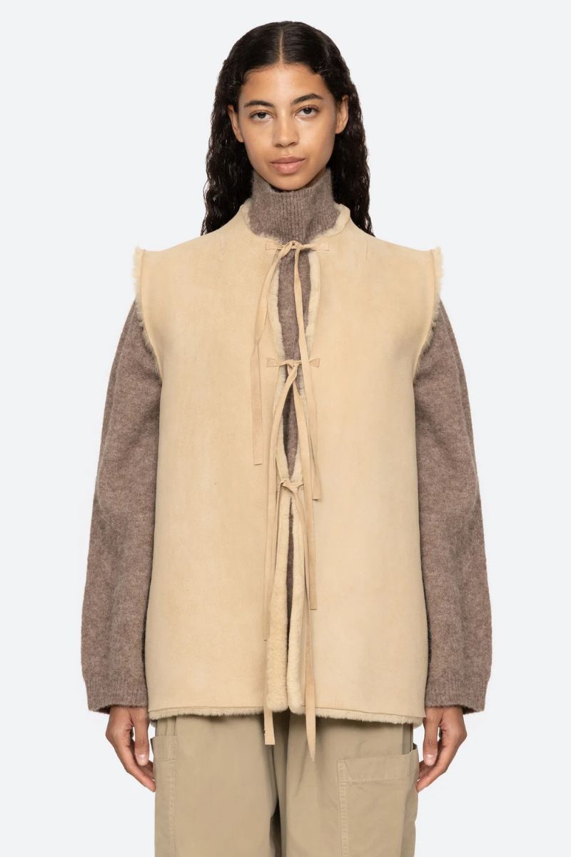 Elliot Shearling Tie-Front Vest - Cream