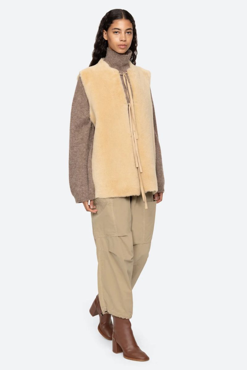 Elliot Shearling Tie-Front Vest - Cream