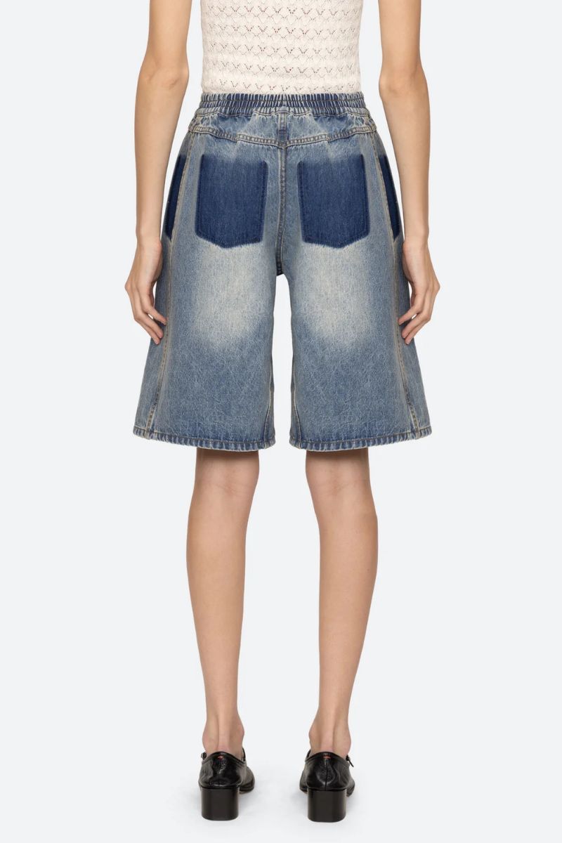Spencer Mended Denim Bermuda Shorts - Blue