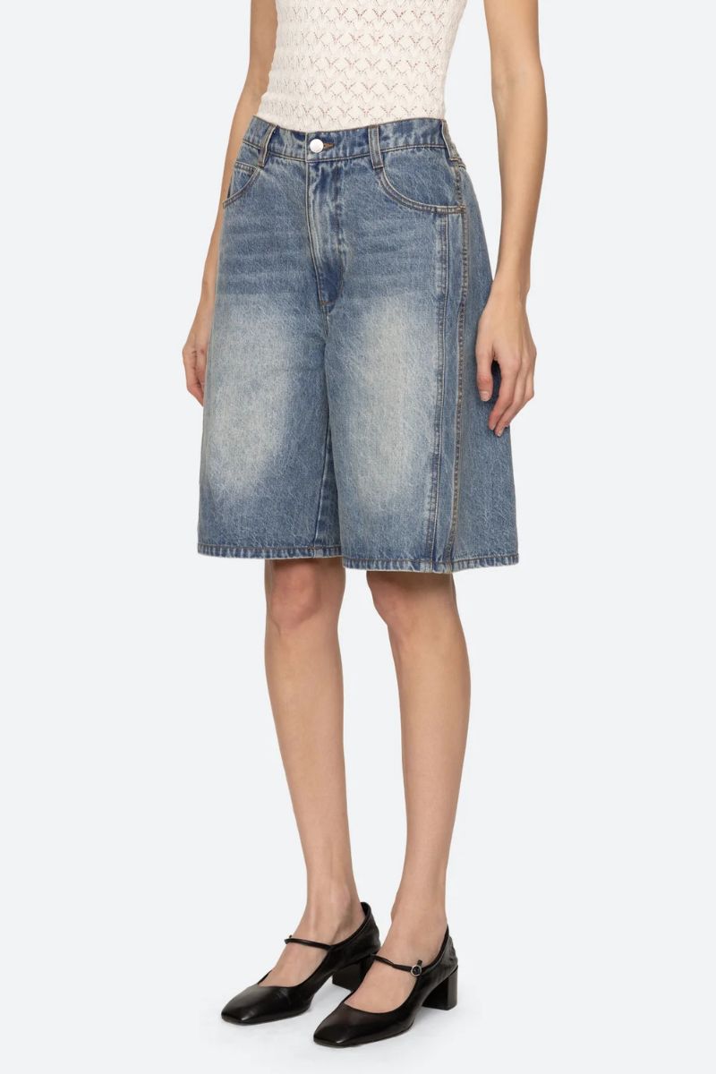 Spencer Mended Denim Bermuda Shorts - Blue