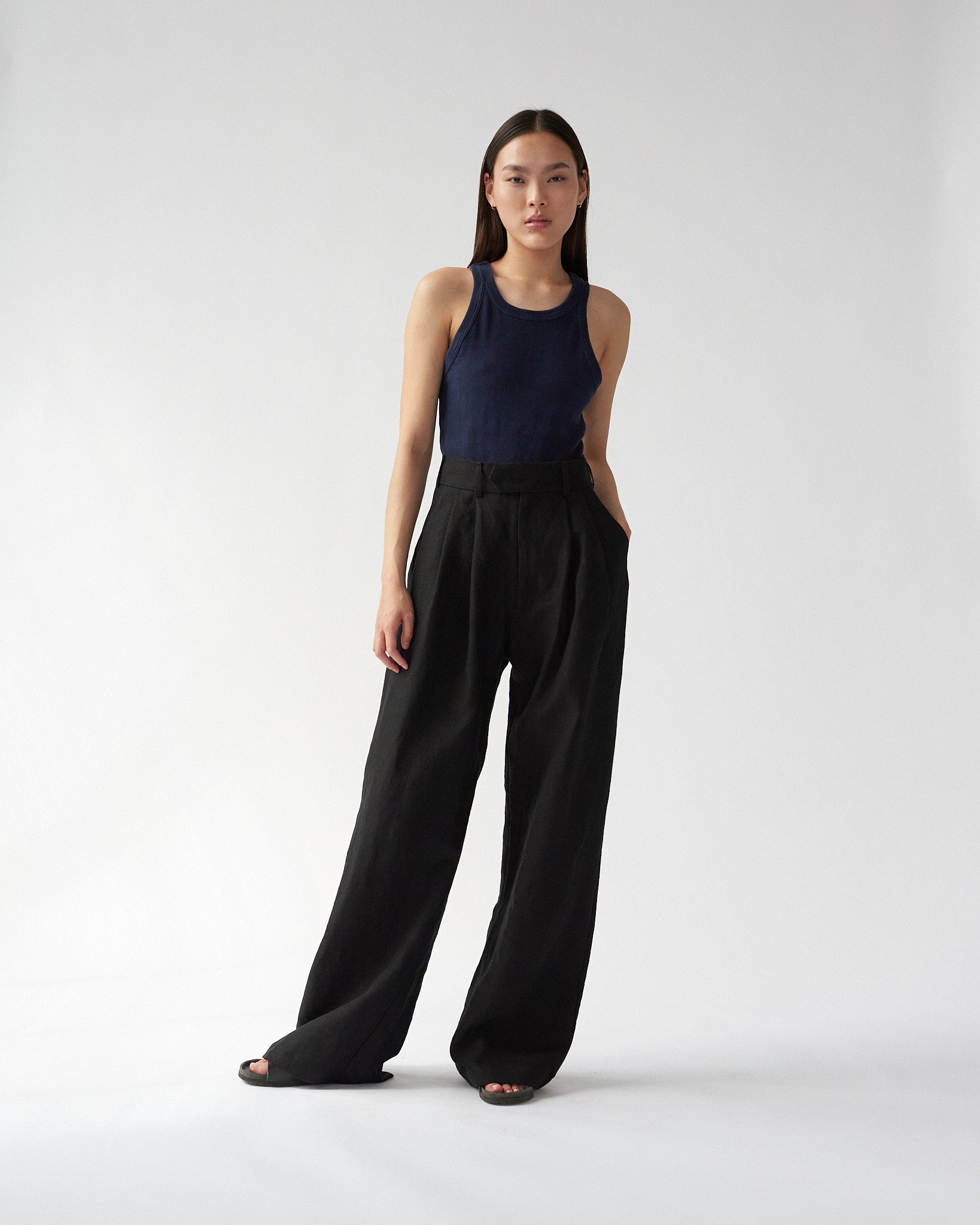 Linen Wide Box Pants - Black