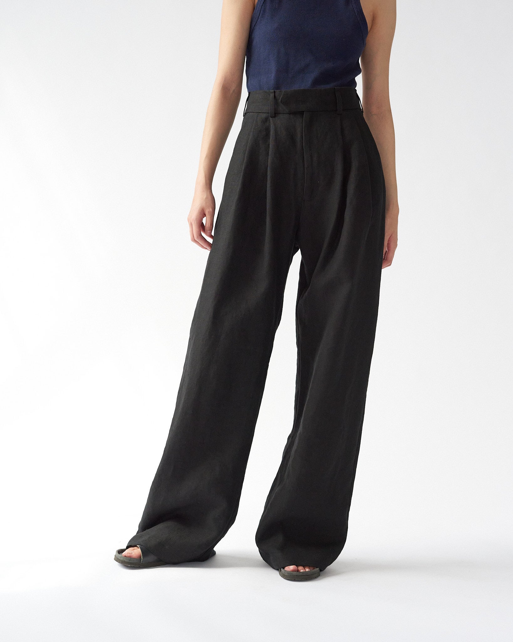 Linen Wide Box Pants - Black