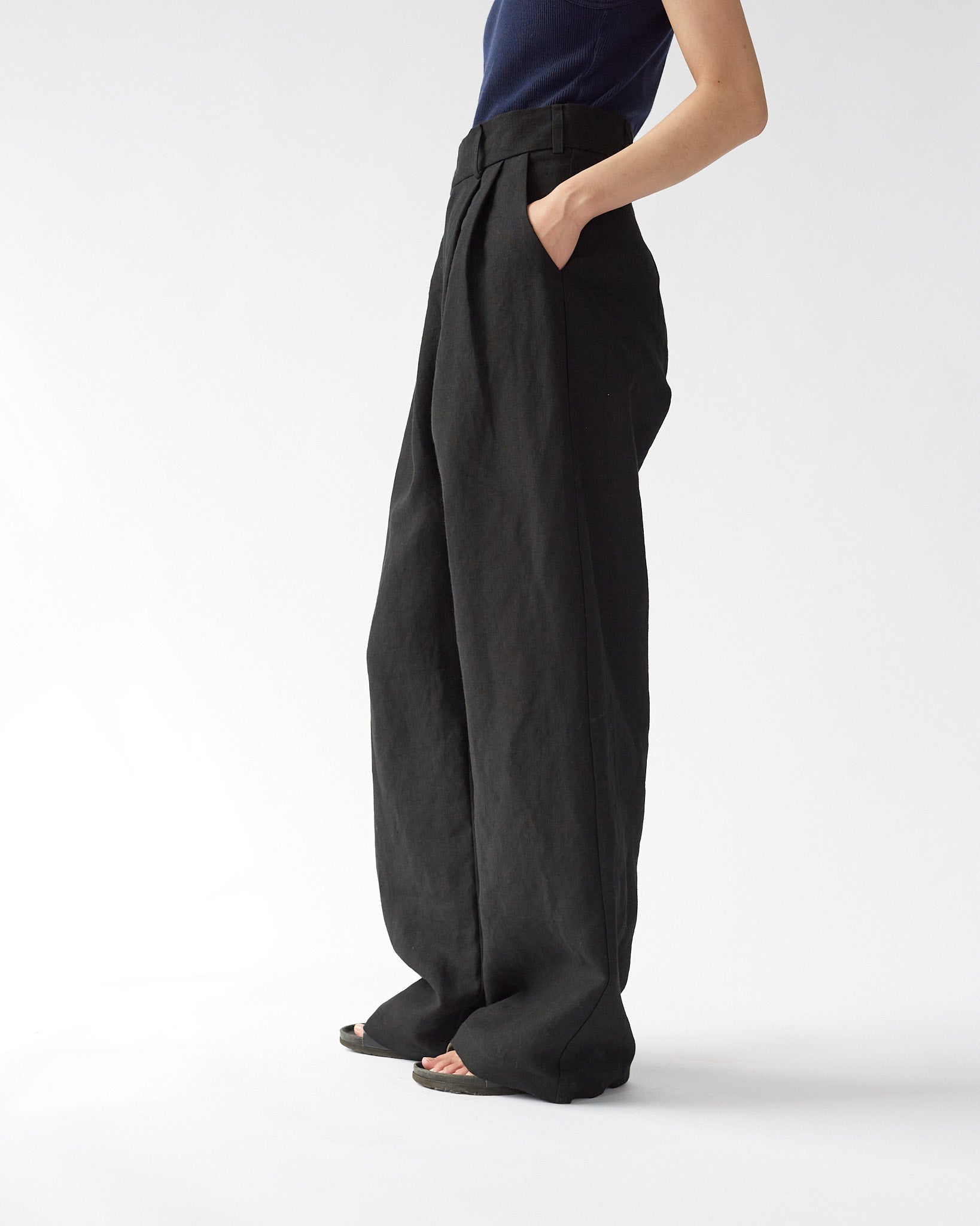 Linen Wide Box Pants - Black