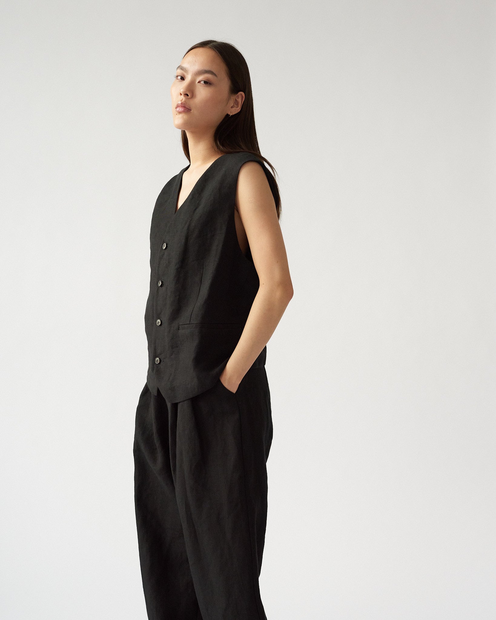 Linen Oversize Vest - Black