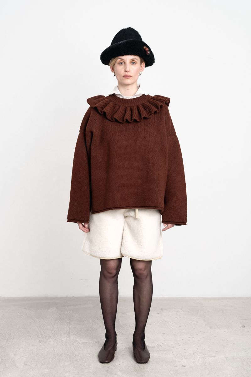British Merino Wool Ruffle Jumper - Bordeaux