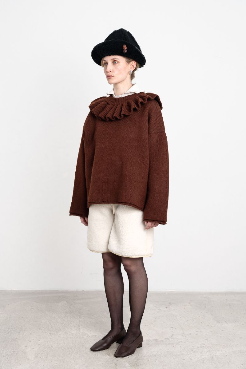 British Merino Wool Ruffle Jumper - Bordeaux