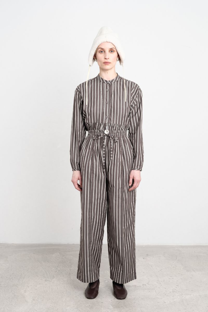 Japanese Cotton Shirting Drawstring Luna Trousers - Bark/Natural Stripe