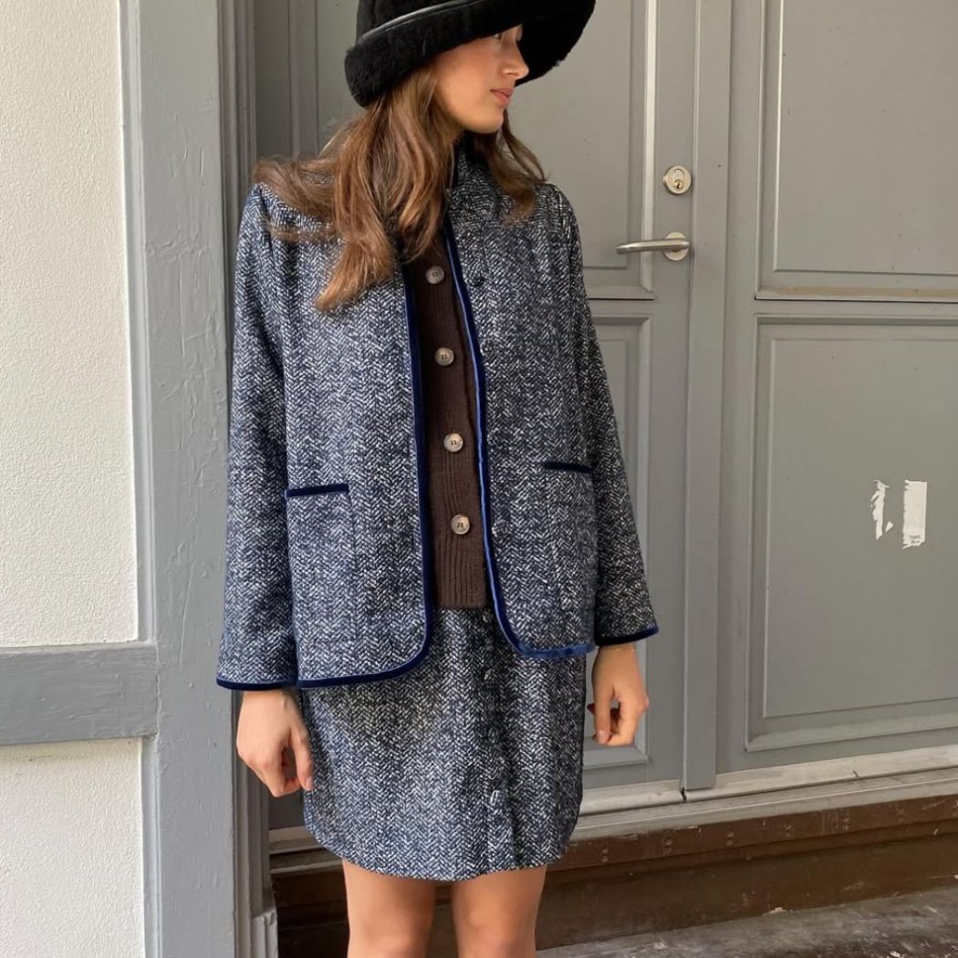 Lily Skirt - Blue/Grey Herringbone bouclé