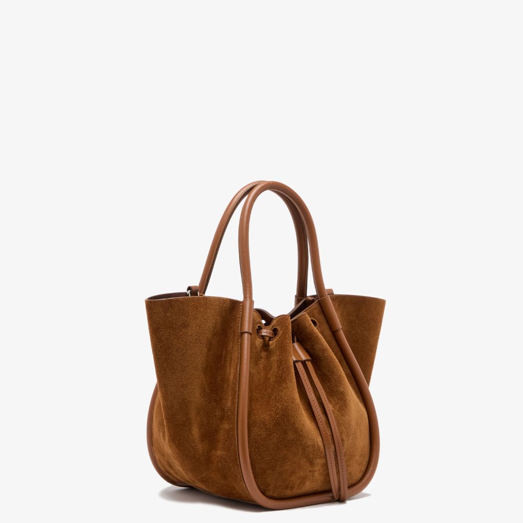 Small Ruched Tote in Soft Suede - Saddle