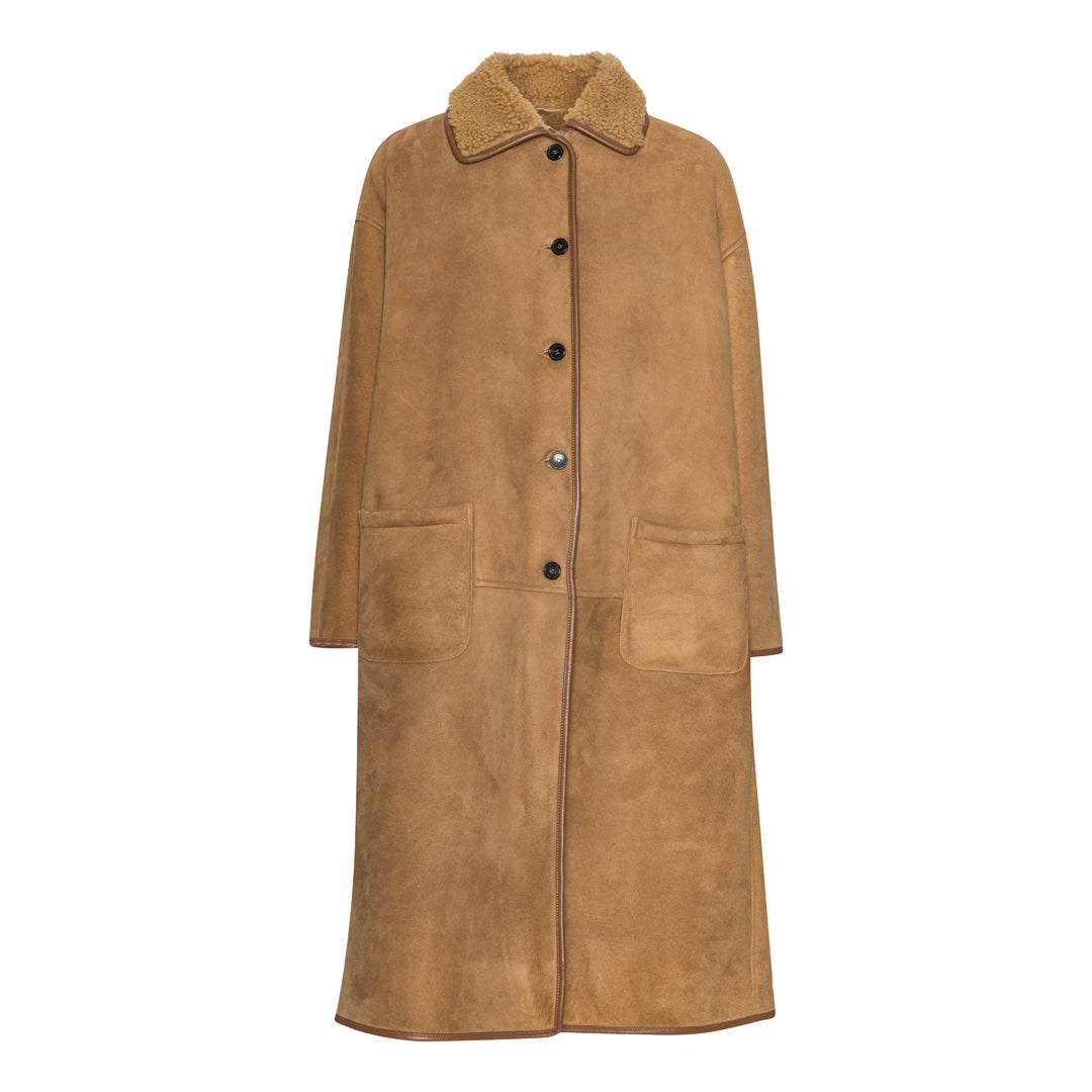 Sheepskin Suede Curly Roo Frakke - Tan