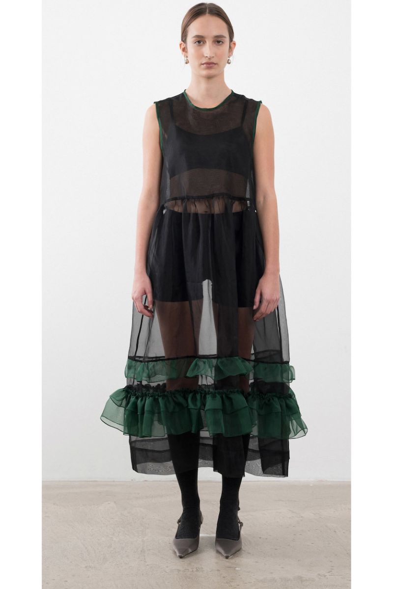 Silk Organza Genevieve Dress - Black/Forest