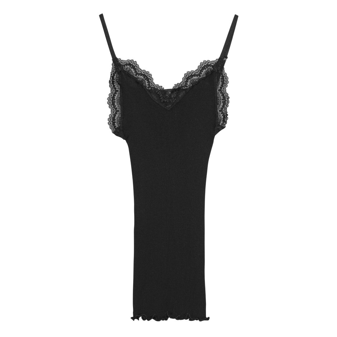 Spaghetti Top - Cami Cotton Lisle Rib with Leavers - Black