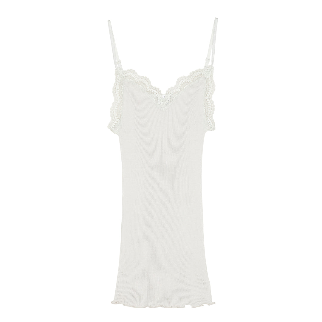 Spaghetti Top 3160 - Cami Cotton Lisle Rib with Leavers Lace - Pearl Grey