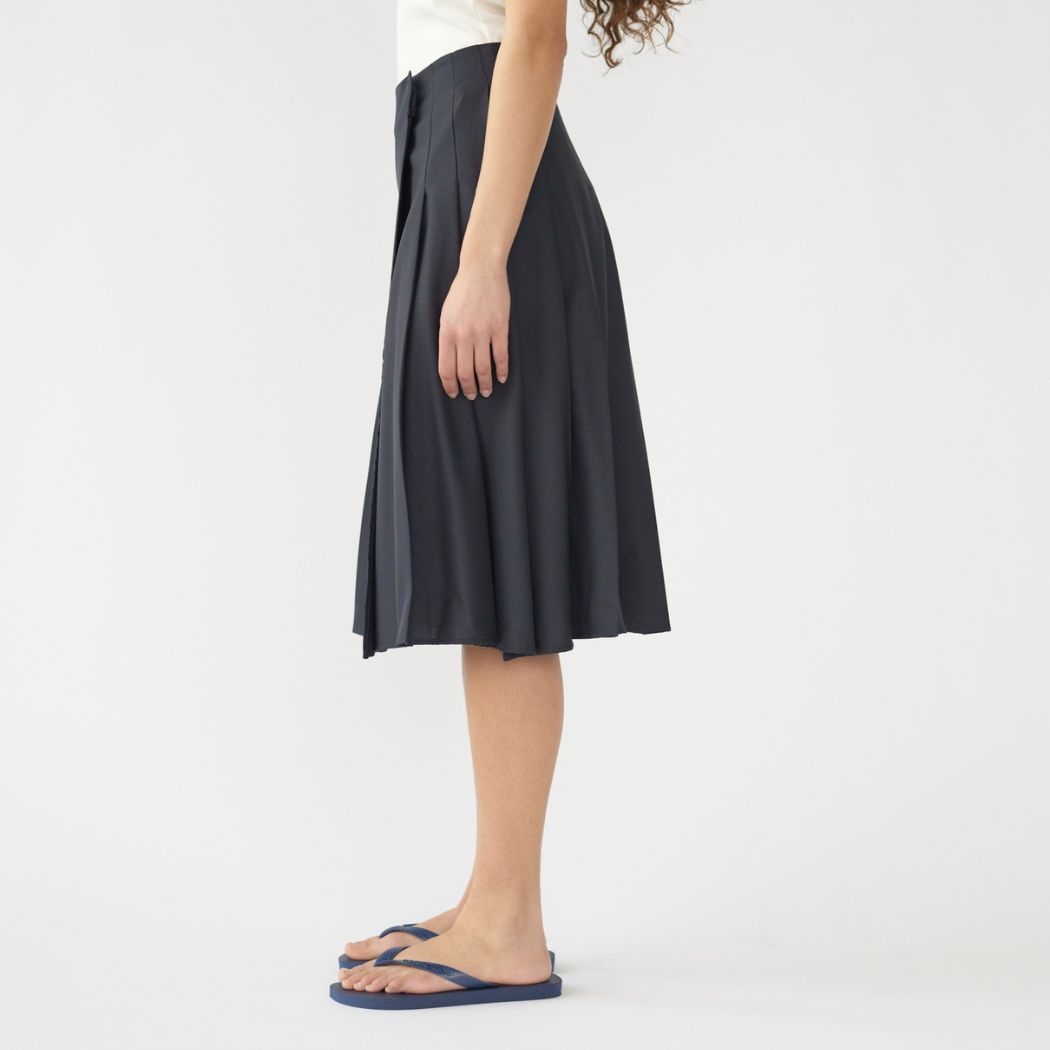 Tropical Wool Pleated Skirt - Navy