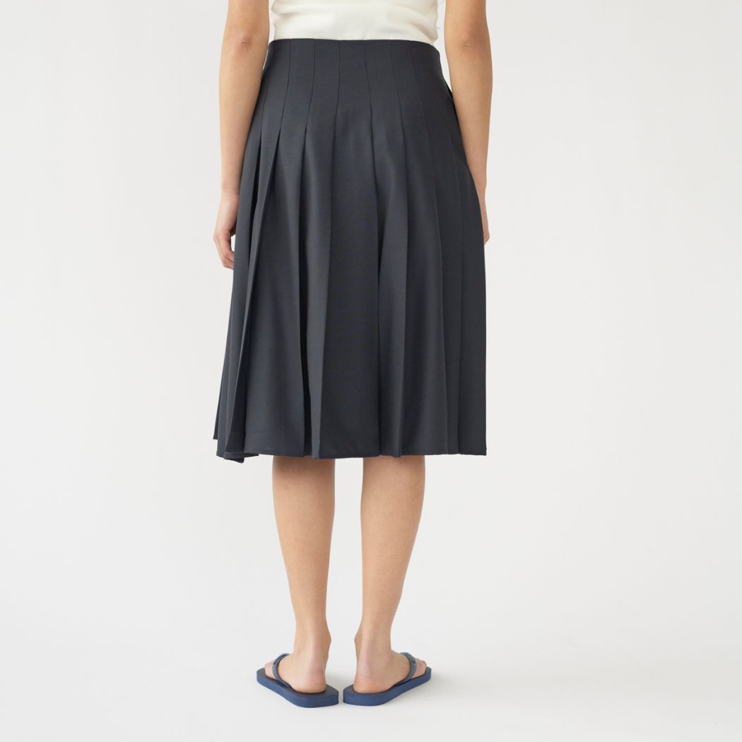 Tropical Wool Pleated Skirt - Navy