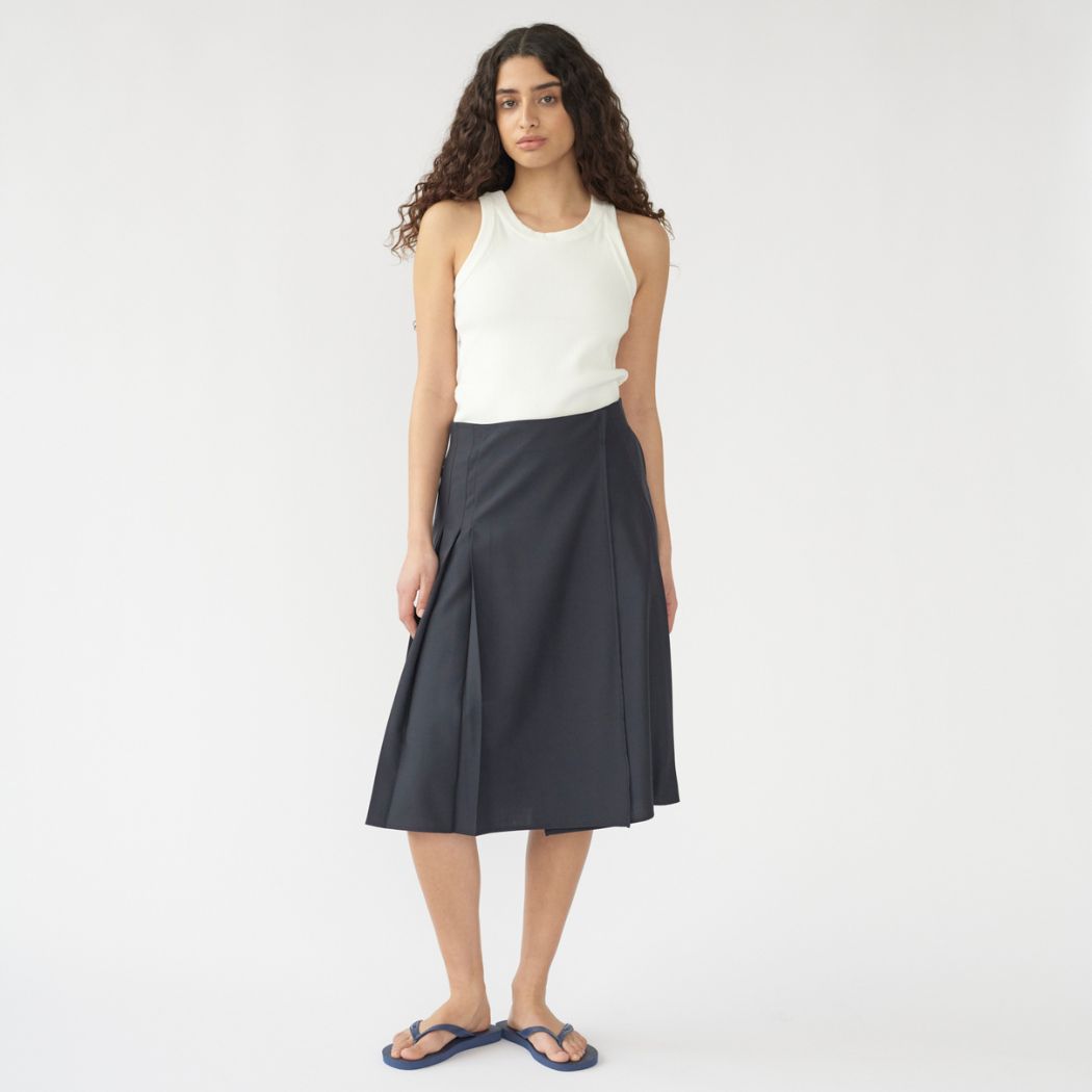 Tropical Wool Pleated Skirt - Navy