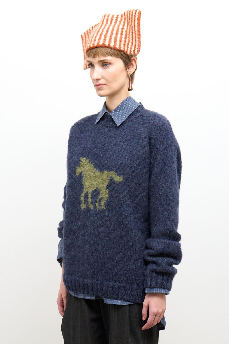 Brushed British Wool Horse Jumper - Denim/Apple