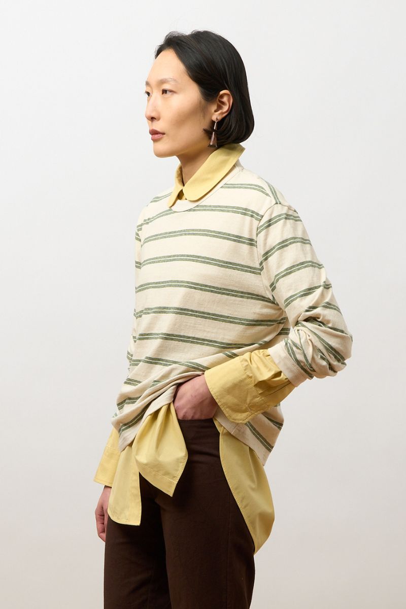 Japanese Striped Jersey Long-sleeved T-shirt - Ecru/green/blue stripe