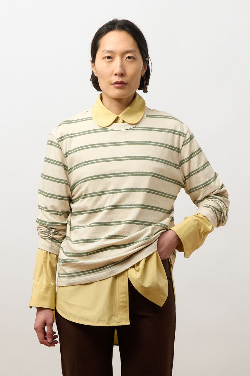 Japanese Striped Jersey Long-sleeved T-shirt - Ecru/green/blue stripe