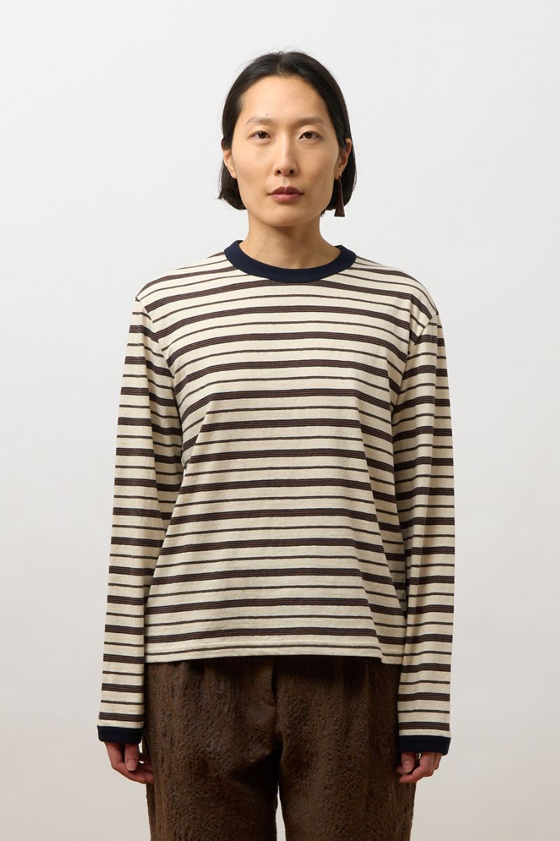 Japanese Striped Jersey Long-Sleeved T-Shirt - Ecru/Navy/Ochre Stripe