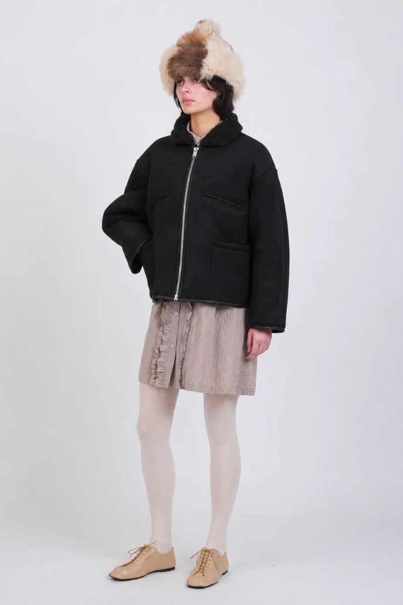 Suede Back Curly Flying Jacket - Black