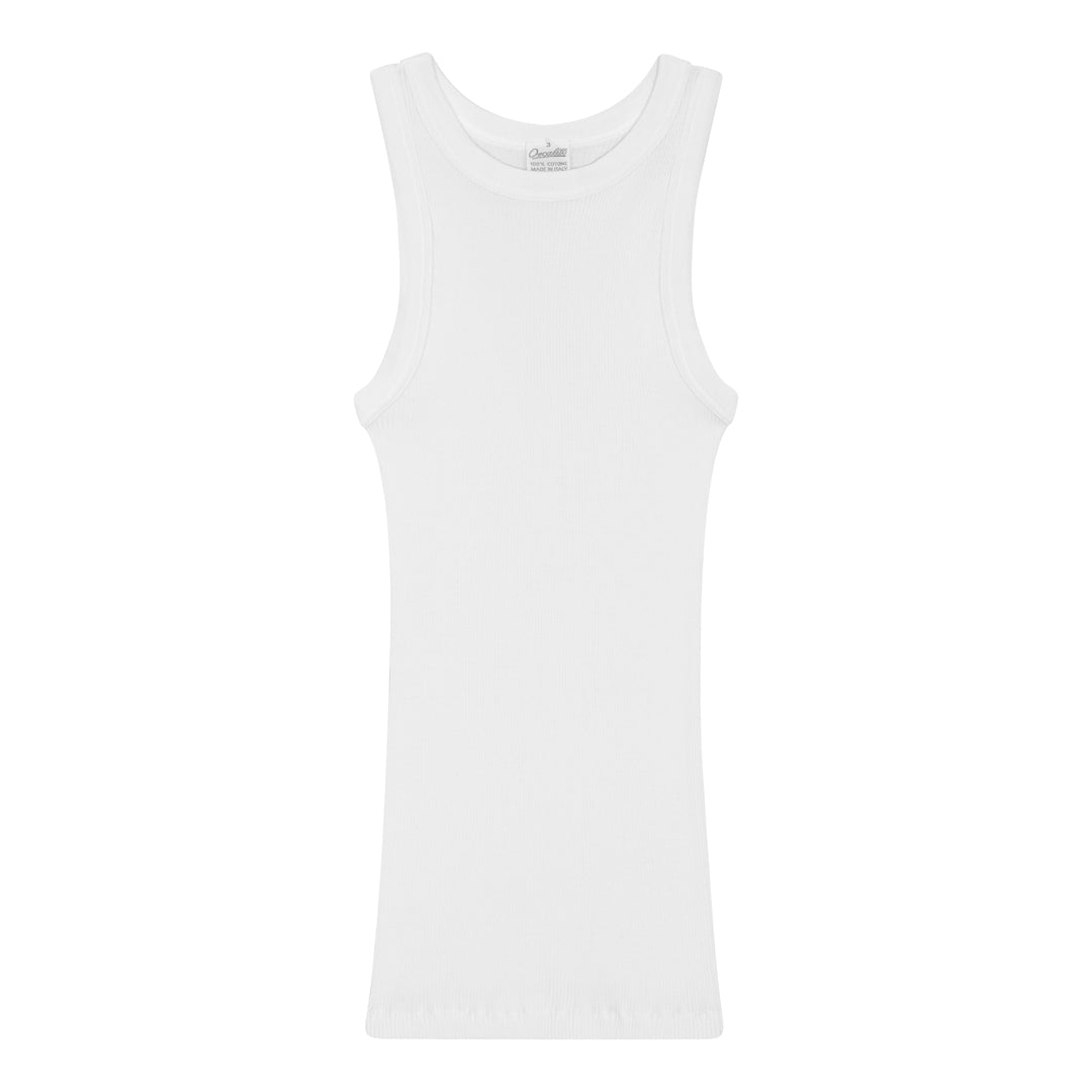 Americana Cotton Rib Tank Top - High Neckline - White