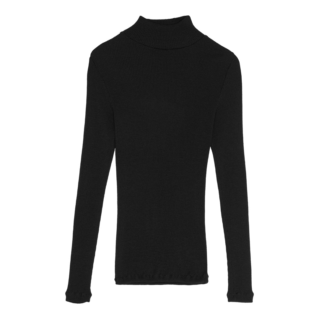 LS T-shirt med høj krave Uld/Silke Waffle 7852 - Black