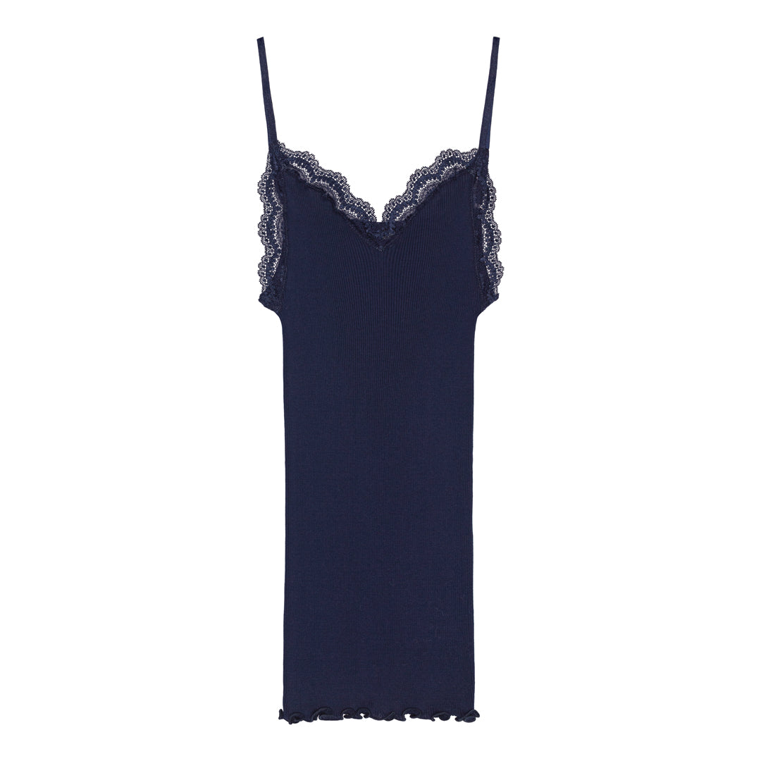 Spaghetti Top 3160 - Cami Cotton Lisle Rib with Leavers Lace - Blue