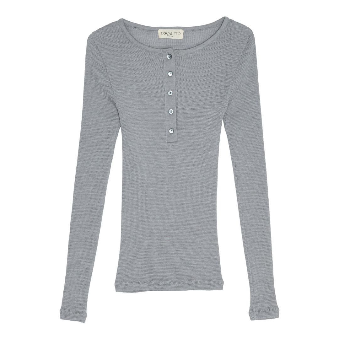T-shirt med henley-krave Uld/Silke Waffle 7853 - Grey