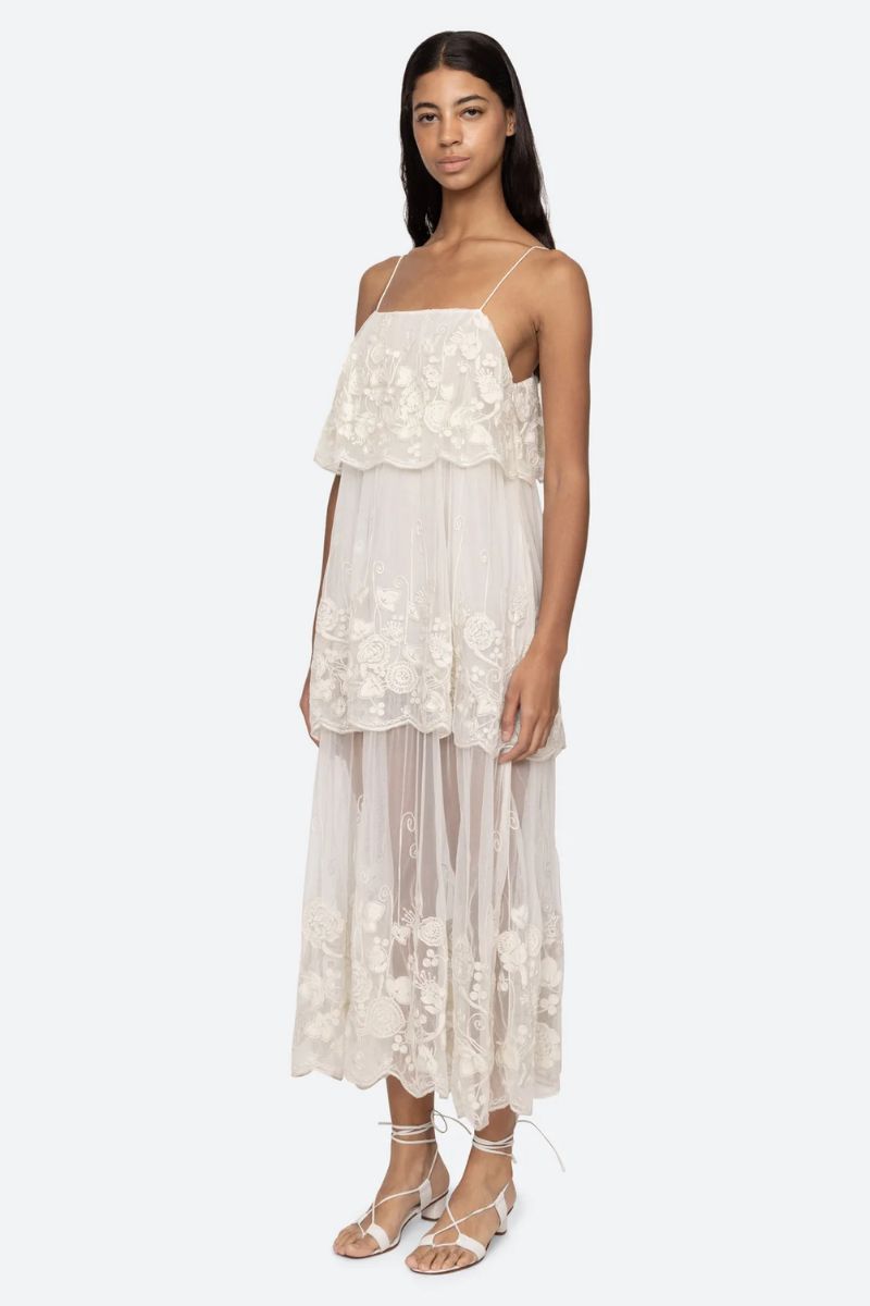 Arielle Lace Tank Tiered Midi Dress - Cream