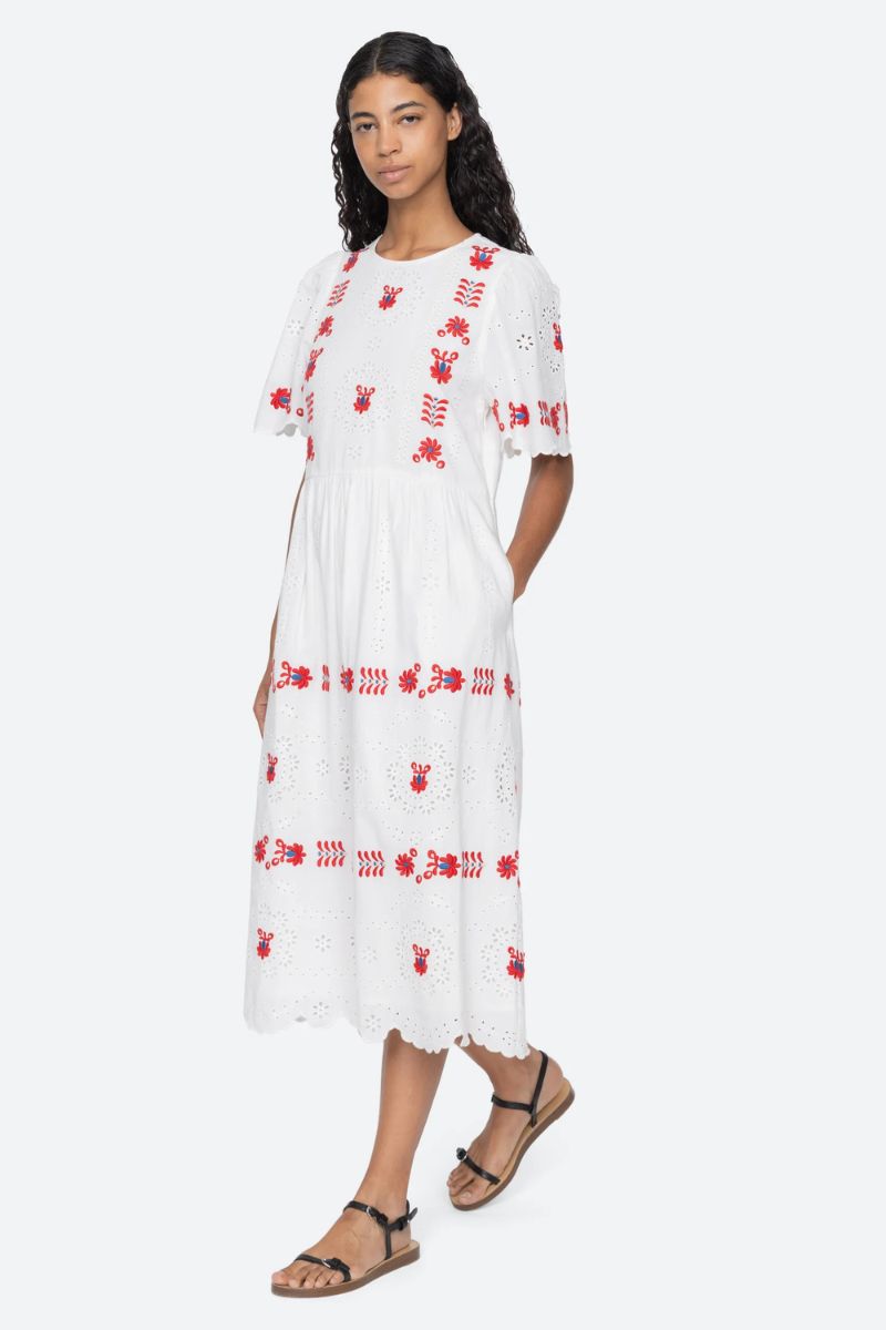Catharina Embroidery Midi Dress - Cream
