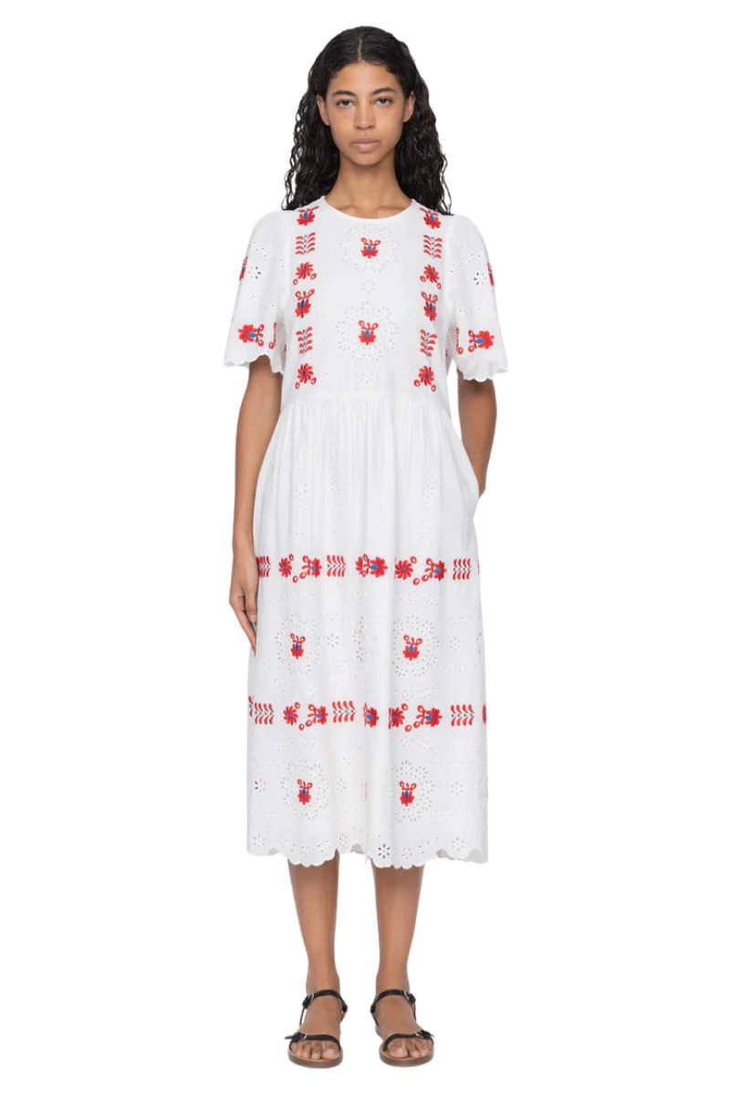 Catharina Embroidery Midi Dress - Cream