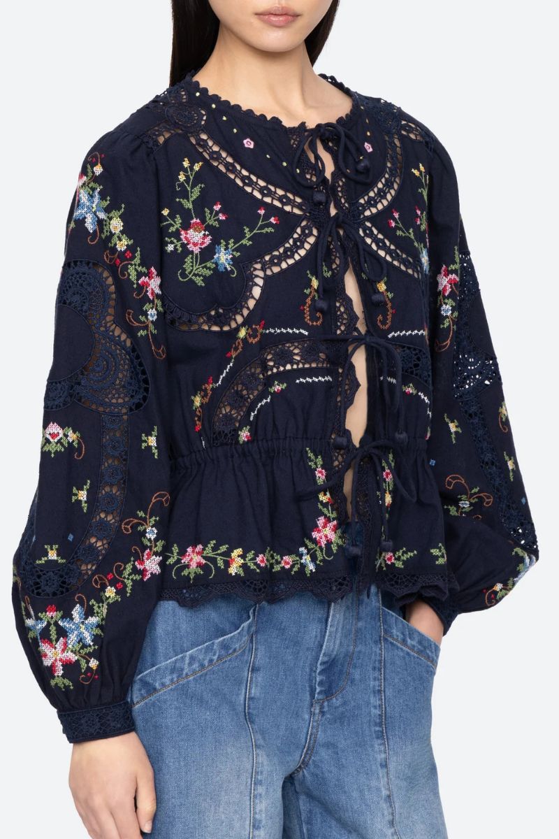 Embroidery Tie Front Top - Navy