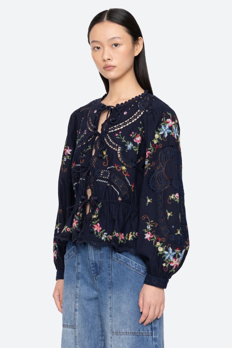 Embroidery Tie Front Top - Navy