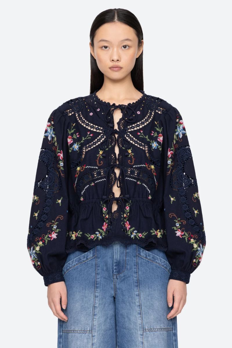 Embroidery Tie Front Top - Navy