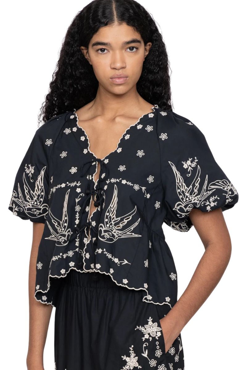 Kingsley Embroidery Tie Front Top - Black